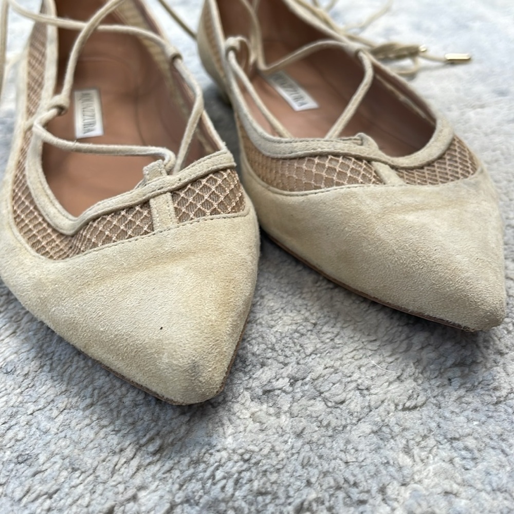 Aquazzura Dalia Pointed Toe Wrap Around Ballet Flats Cream Suede Mesh Sz 37 - Picture 11 of 14